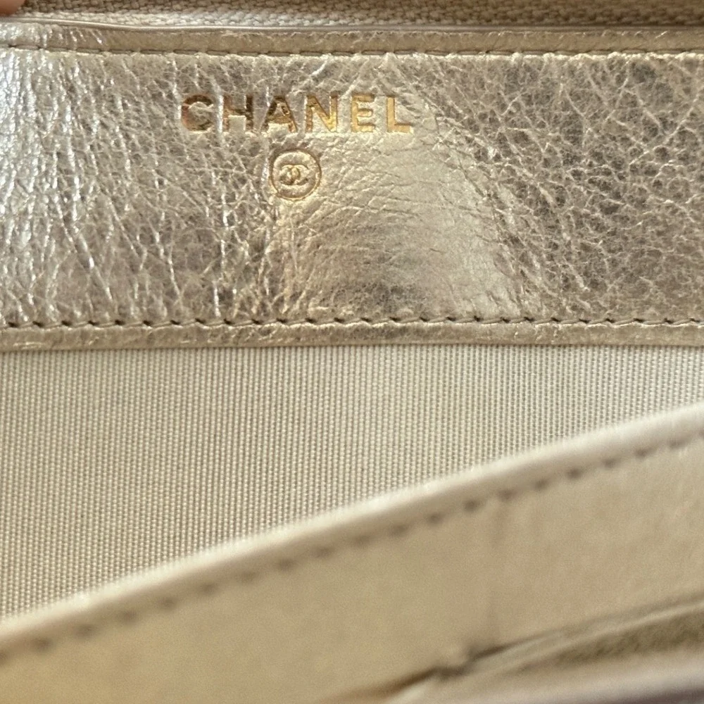 Chanel Timeless CC Zip Around Long Wallet Metallic Champagne Gold Leather Italy